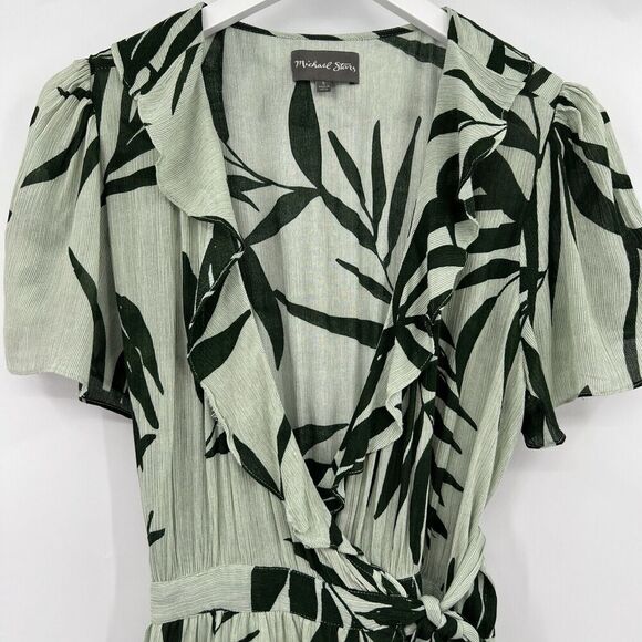 Michael Stars Paradiso Palms Wrap Tropical Green Dress Short Sleeves Size Small - Picture 3 of 10